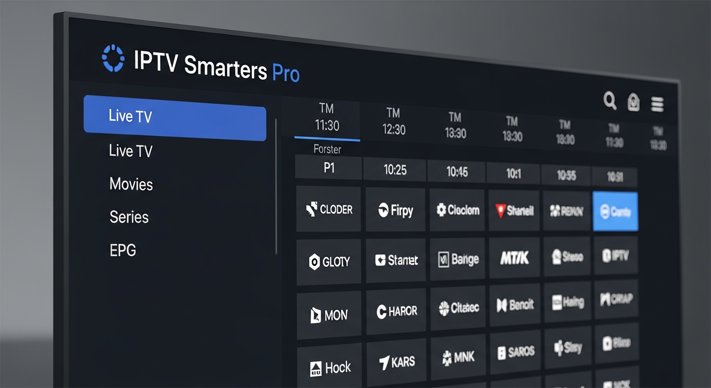 IPTV Smarters Pro appgränssnitt på smart-TV med kanalkategorier och EPG-guide synlig