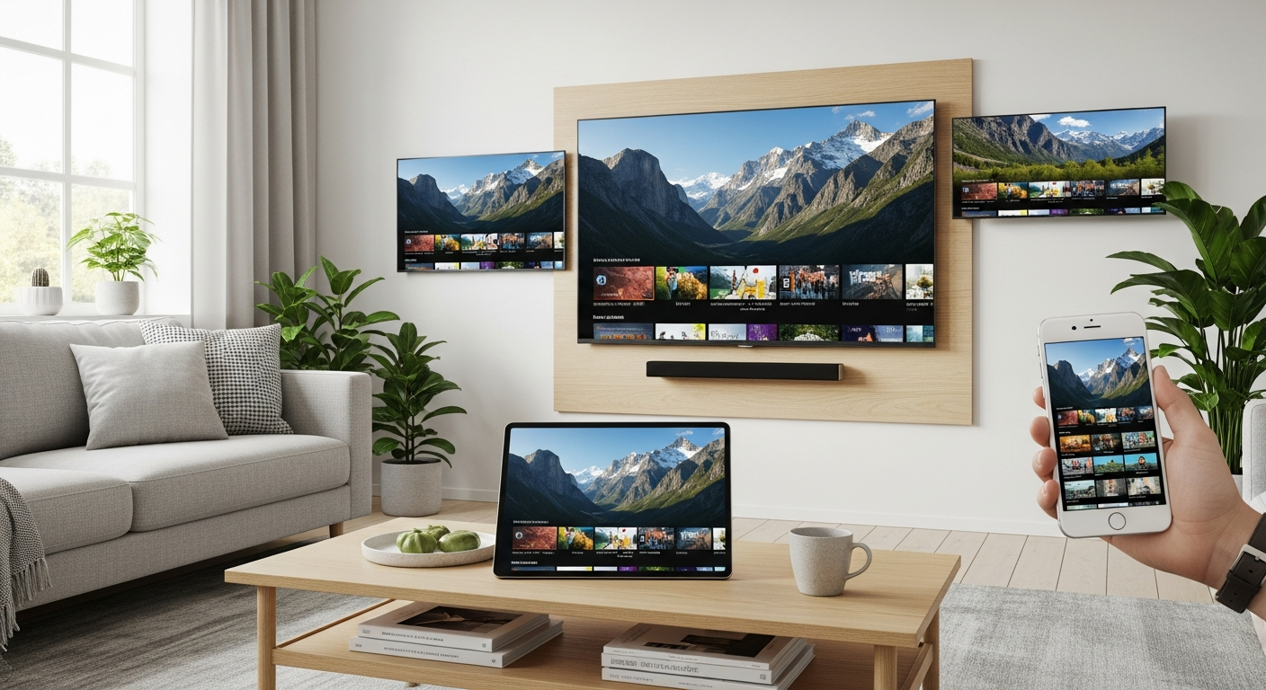 Flera enheter som visar samma IPTV-innehåll samtidigt - smart-TV, surfplatta och mobil med synkroniserad streaming