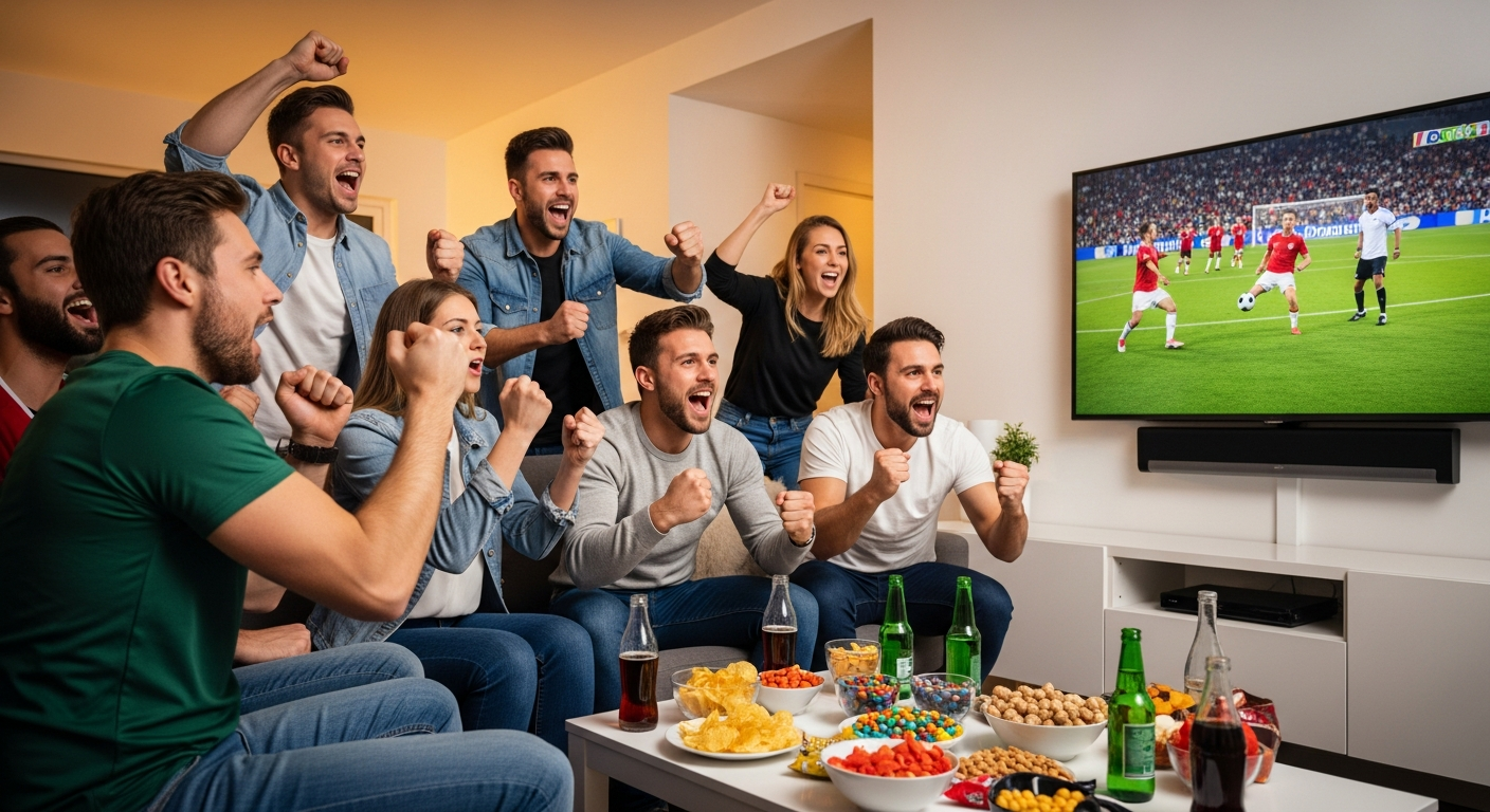 Glada sportfans som tittar på fotbollsmatch på stor TV i modernt svenskt hem