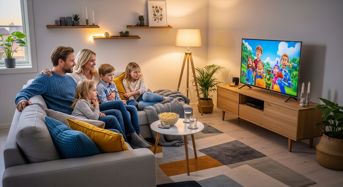 Glad svensk familj som tittar på TV tillsammans i ett modernt skandinaviskt vardagsrum
